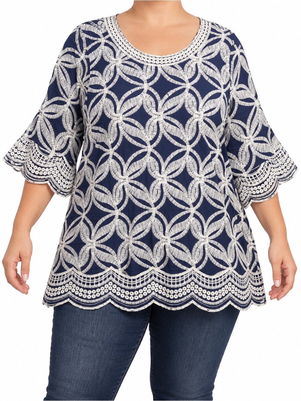 Solitaire Women’s Navy & White Embroidered Blouse | Size 2X